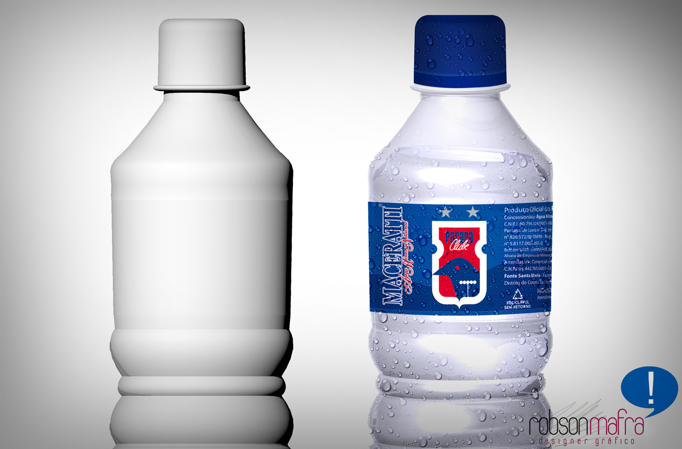 Ilustração digital em 3D da garrafa da Água Mineral do Paraná Clube